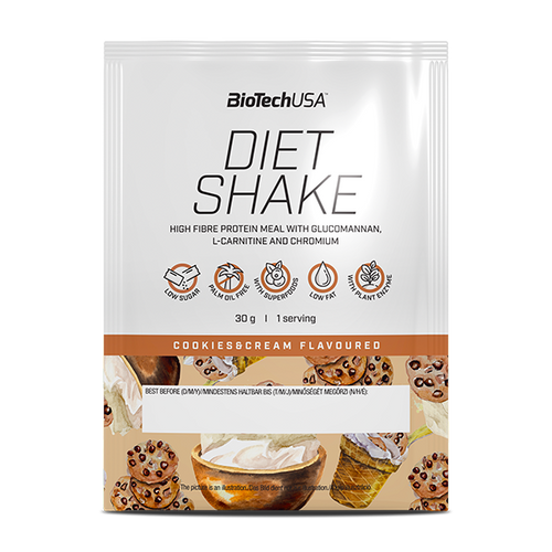 Boisson protéinée en poudre BioTechUSA Diet Shake riche en fibres alimentaires, pauvre en matière grasse, composé de super-aliments, sans huile de palme.
