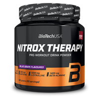 Formule pré-entraînement BioTechUSA Nitrox Therapy, avec du sucre et des édulcorants, aux acides aminés, aux vitamines et aux substances minérales, avec 200 mg de caféine par portion journalière.