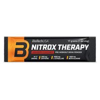 Formule pré-entraînement BioTechUSA Nitrox Therapy, avec du sucre et des édulcorants, aux acides aminés, aux vitamines et aux substances minérales, avec 200 mg de caféine par portion journalière.