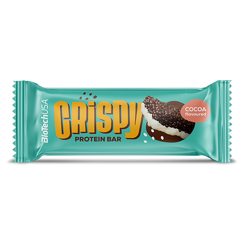 BioTechUSA Crispy Protein Bar – Une barre protéinée croustillante saveur chocolat, sur lit de chocolat blanc, avec des protéines extrudées de lait, des morceaux de biscuit, des sucres et des édulcorants, sans gluten.