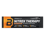 Formule pré-entraînement BioTechUSA Nitrox Therapy, avec du sucre et des édulcorants, aux acides aminés, aux vitamines et aux substances minérales, avec 200 mg de caféine par portion journalière.