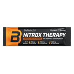 Formule pré-entraînement BioTechUSA Nitrox Therapy, avec du sucre et des édulcorants, aux acides aminés, aux vitamines et aux substances minérales, avec 200 mg de caféine par portion journalière.